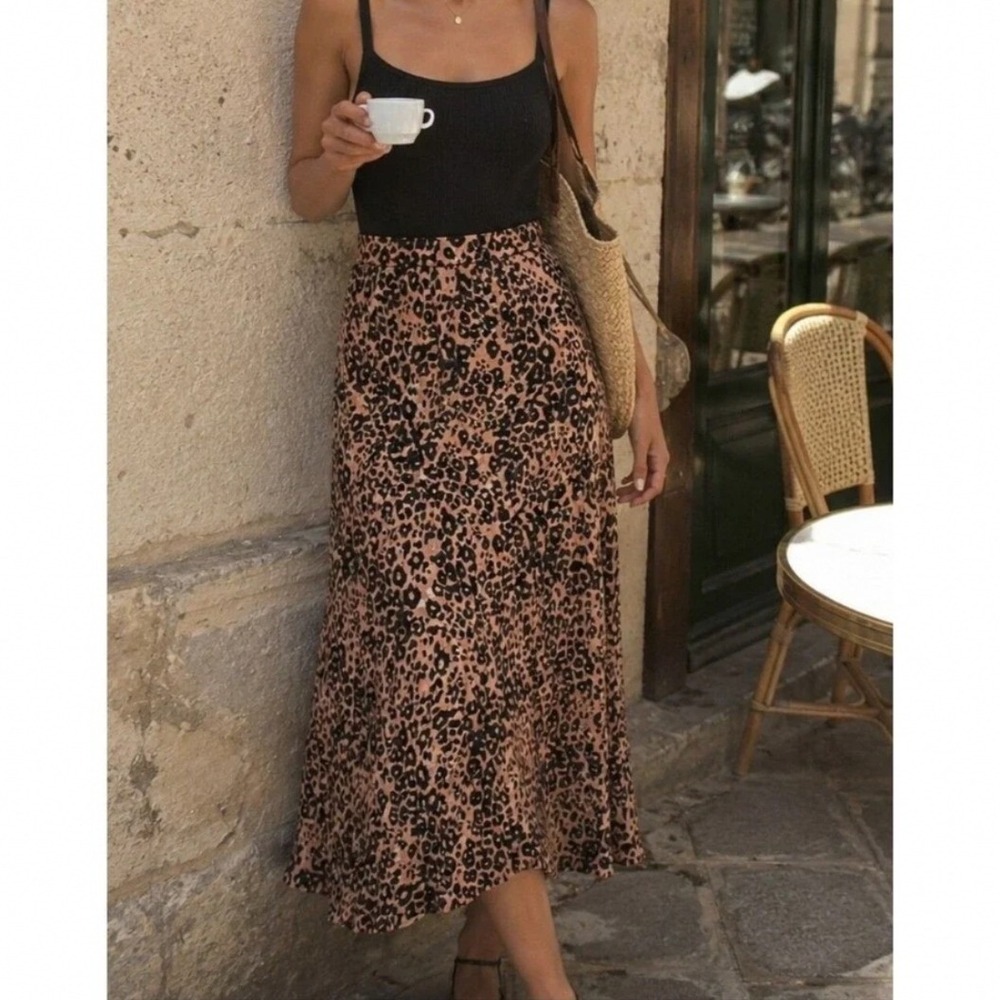 Wilfred Aritzia Leopard Print Midi Skirt Tan Black High Rise Viscose Blend Sz 0